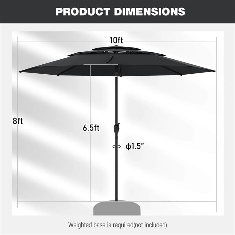 10 FT 3 Tiers Outdoor Patio Market Umbrella with Crank & Auto-tilt, Double Vented Table Umbrella for Pool Deck