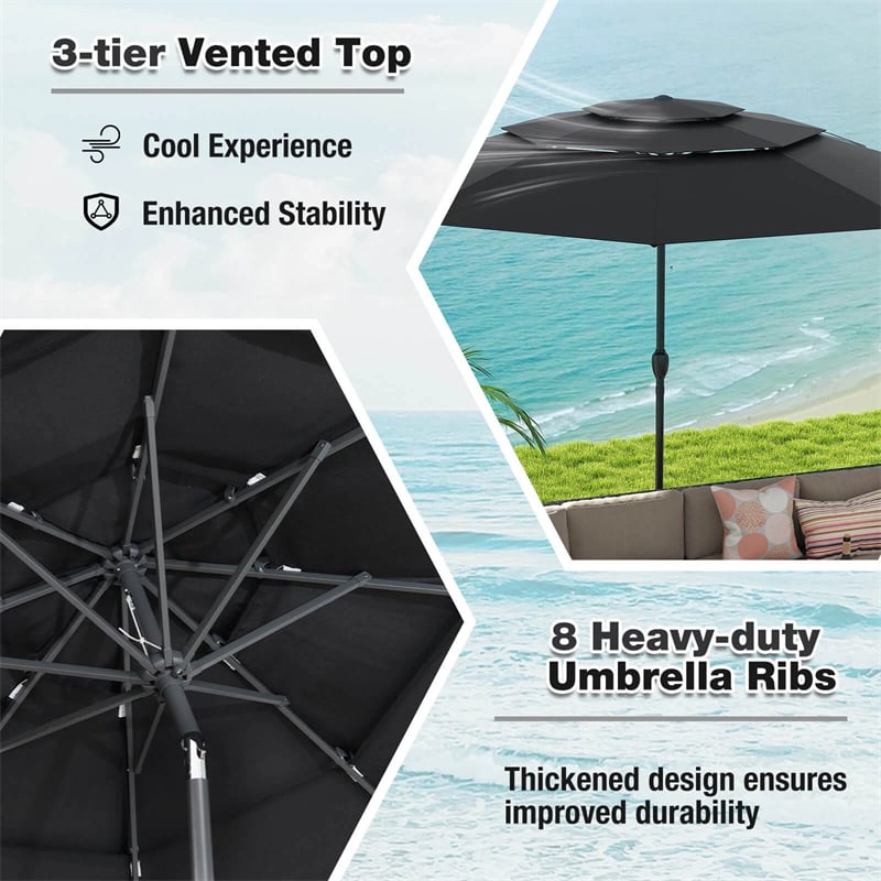 10 FT 3 Tiers Outdoor Patio Market Umbrella with Crank & Auto-tilt, Double Vented Table Umbrella for Pool Deck