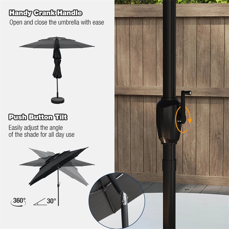 10 FT 3 Tiers Outdoor Patio Market Umbrella with Crank & Auto-tilt, Double Vented Table Umbrella for Pool Deck