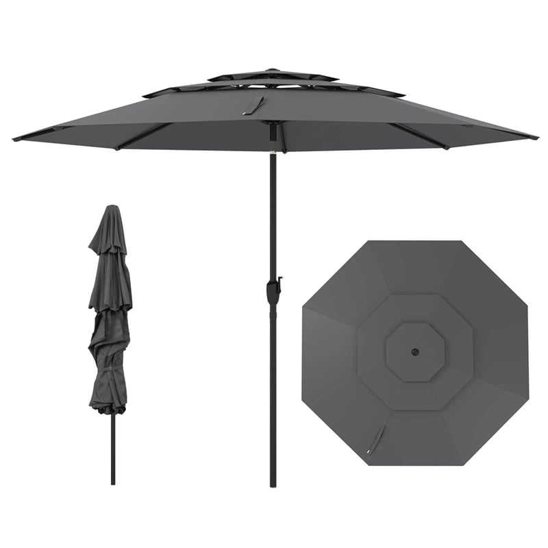 10FT 3 Tier Patio Market Umbrella with Crank & Auto-tilt, Double Vented Outdoor Table Umbrella for Backyard, Poolside, Deck,