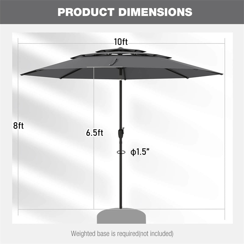 10 FT 3 Tiers Outdoor Patio Market Umbrella with Crank & Auto-tilt, Double Vented Table Umbrella for Pool Deck