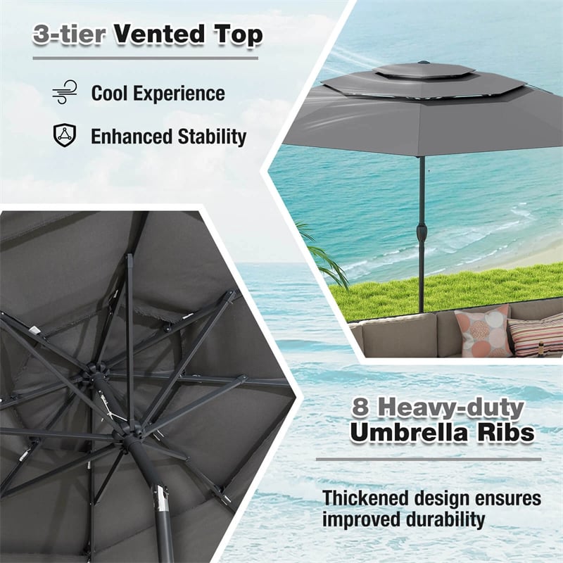 10 FT 3 Tiers Outdoor Patio Market Umbrella with Crank & Auto-tilt, Double Vented Table Umbrella for Pool Deck