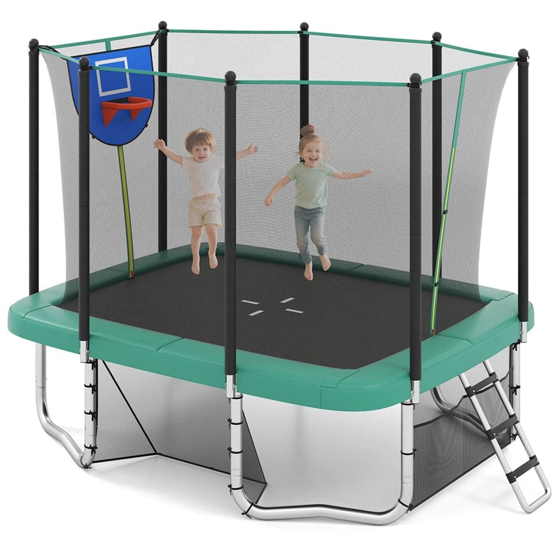 10x8 FT Rectangular Trampoline with Basketball Hoop, Soccer Goal, Enclosure Net, ASTM Approved Heavy-Duty Outdoor Trampoline for Kids & Adults