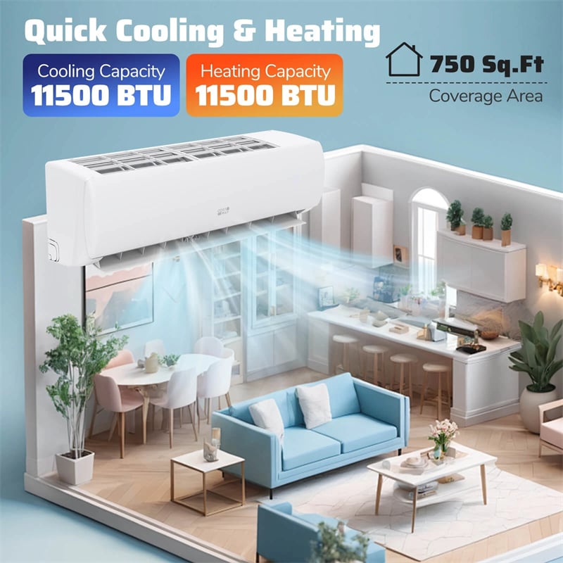 11500 BTU WiFi Ductless Mini Split Air Conditioner with Heat Pump, 17 SEER2 Inverter Split AC Works with Alexa Cools up to 750 Sq.Ft