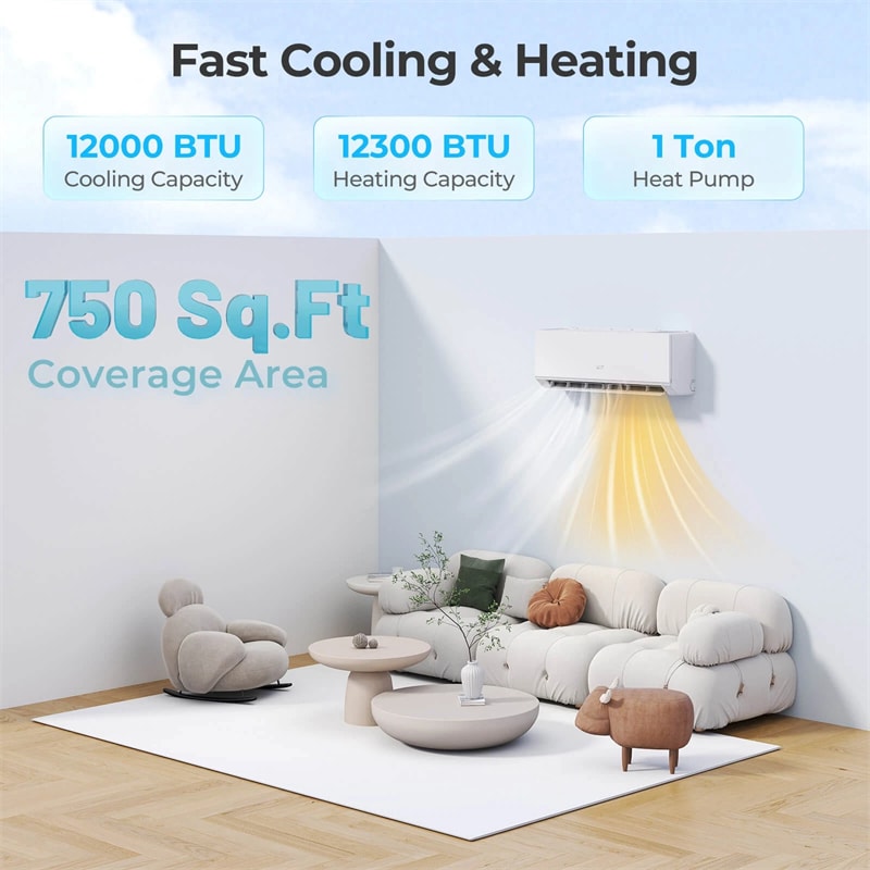 Energy Star Certified 12000 BTU 24 SEER2 Mini Split Air Conditioner with Heat Pump, WiFi Enabled Ductless Inverter AC Unit Cools 750 Sq.Ft