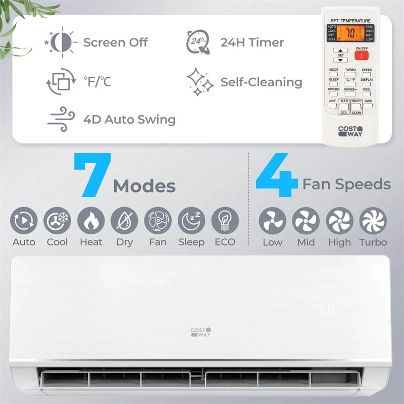 Energy Star Certified 12000 BTU 24 SEER2 Mini Split Air Conditioner with Heat Pump, WiFi Enabled Ductless Inverter AC Unit Cools 750 Sq.Ft