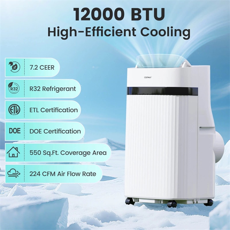 12000 BTU Portable Air Conditioner, 3-in-1 AC Unit with Fan, Dehumidifier & Sleep Mode, 24H Timer, Window Kit, Cools Room up to 550 Sq. Ft