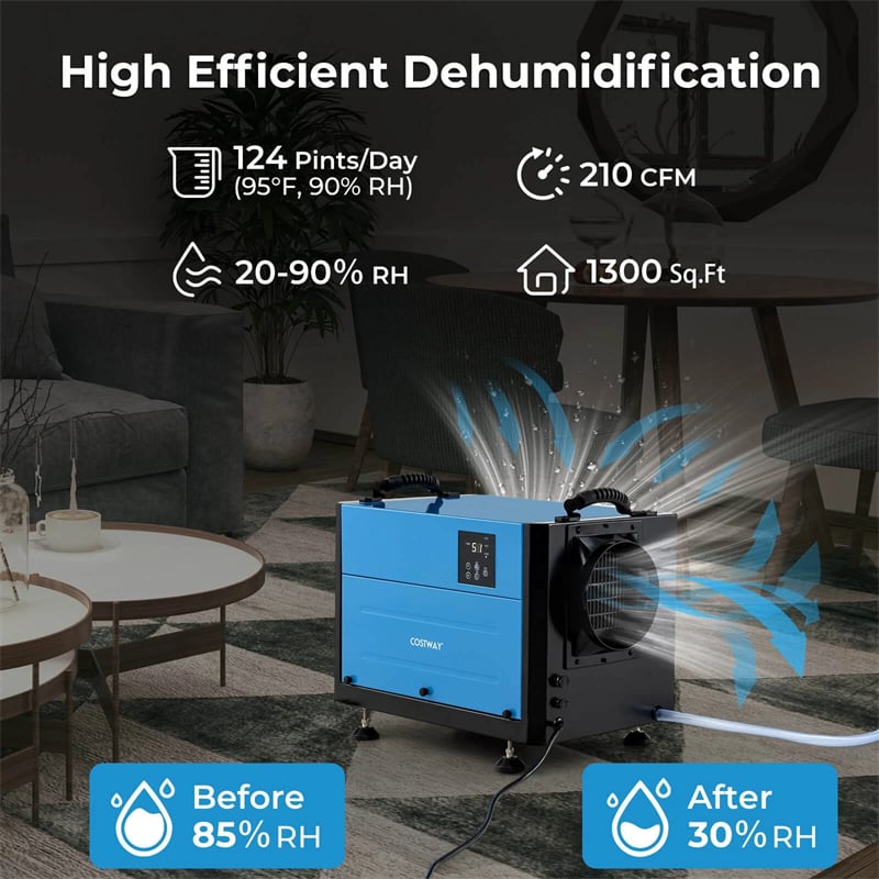 124 PPD Commercial Dehumidifier, 1300 Sq.Ft Crawl Space Dehumidifier with Drain Hose, Auto Defrost, 3 Modes & 24H Timer for Basement, Warehouse