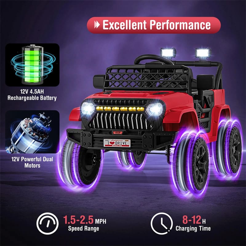 12V Kids Ride On Truck Car, Battery Powered Electric Vehicle with Parental Remote, LED Lights & Music Player for Boys & Girls Aged 3+
