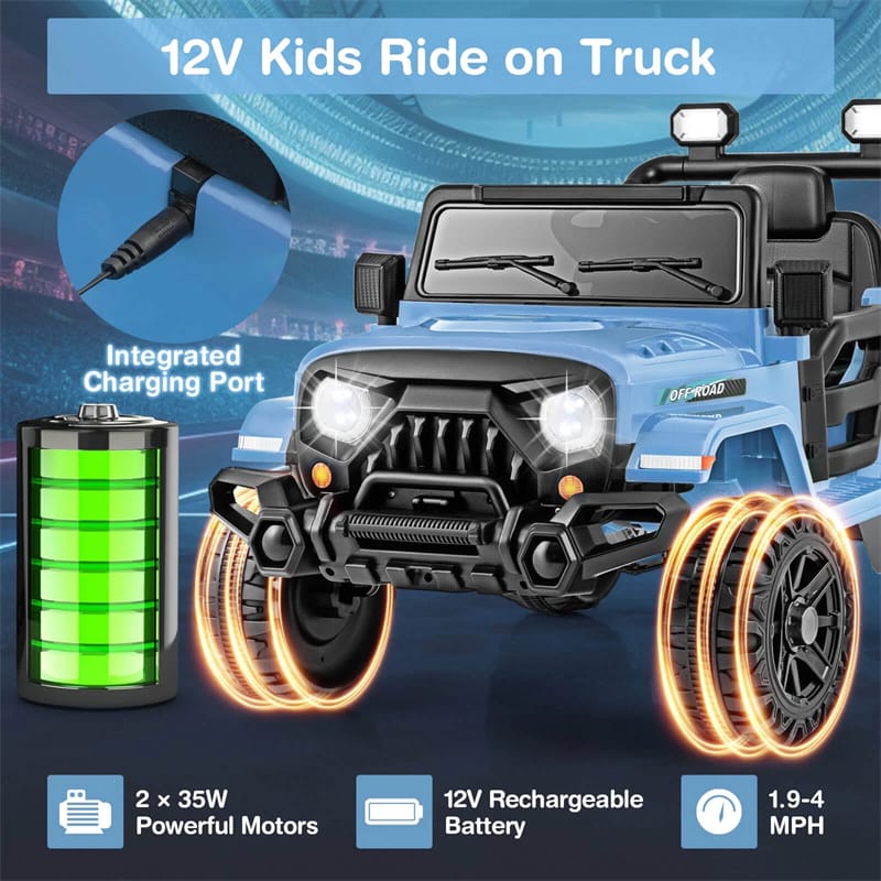 12V Kids Ride on Truck Car with Threaded Wheels, 3 Speeds Battery Powered Electric Vehicle Toy Car for Boys & Girls 3+