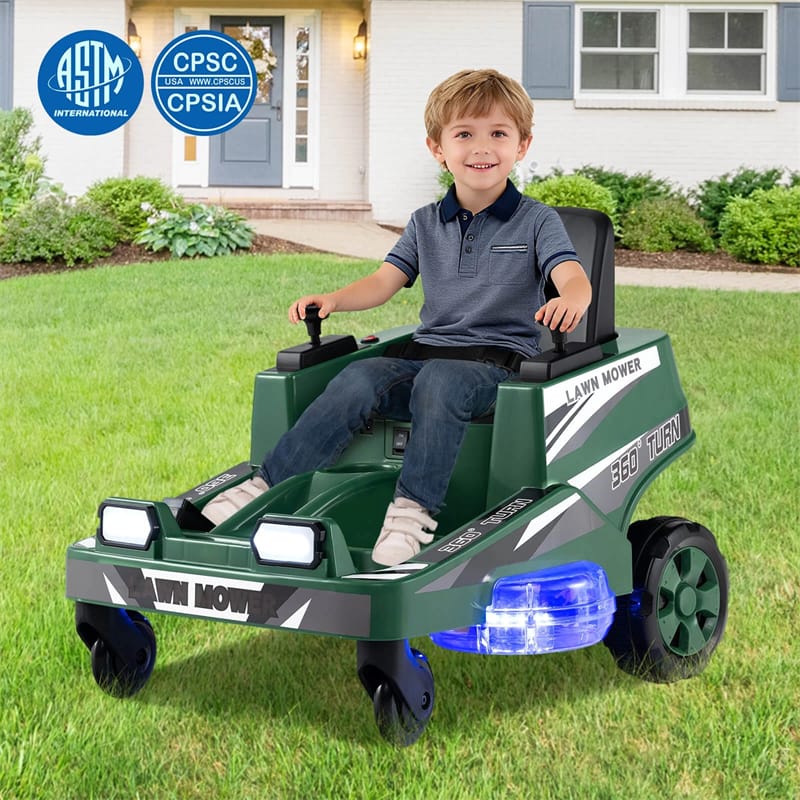 12V Kids Ride-On Lawn Mower with 360° Twist & Turn, Dual Control Sticks, LED Lights, Toddler Electric Car Toy for Boys & Girls Aged 3-8