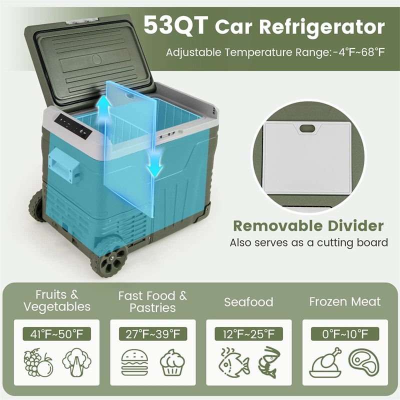 12/24V Portable Car Refrigerator, 37/53QT Car Fridge Freezer Electric Cooler with Wheels & -4℉~68℉ Adjustable Range for Camping RV Travel