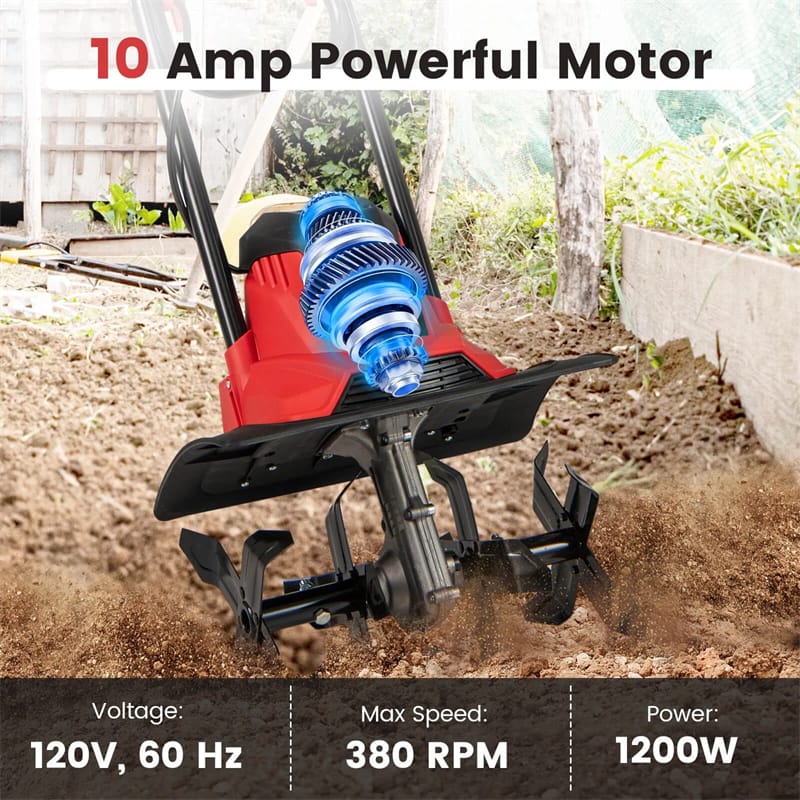 14" 10 Amp Corded Electric Tiller Cultivator, Garden Rototiller with Foldable Handle, 9" Tilling Depth & Safety Lock for Lawn Soil Digging