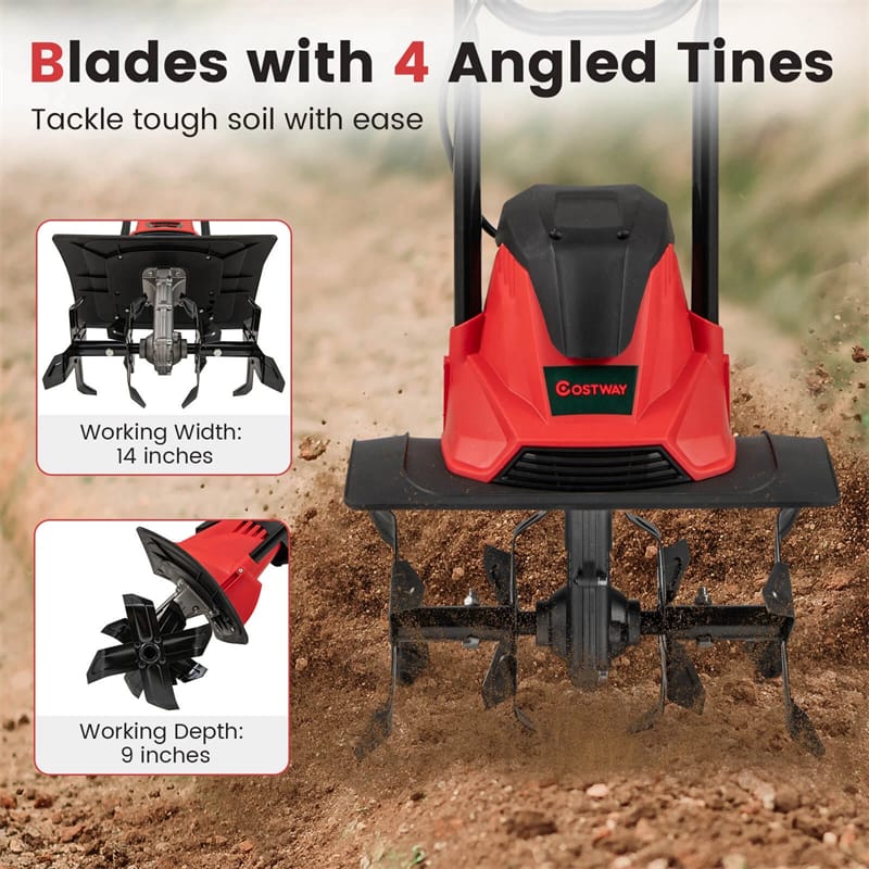 14" 10 Amp Corded Electric Tiller Cultivator, Garden Rototiller with Foldable Handle, 9" Tilling Depth & Safety Lock for Lawn Soil Digging