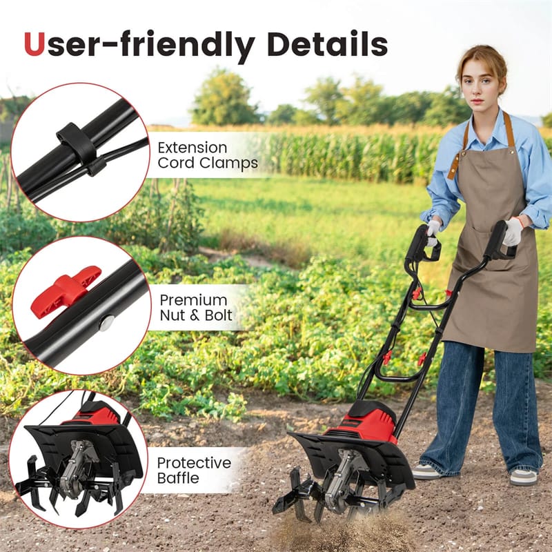 14" 10 Amp Corded Electric Tiller Cultivator, Garden Rototiller with Foldable Handle, 9" Tilling Depth & Safety Lock for Lawn Soil Digging