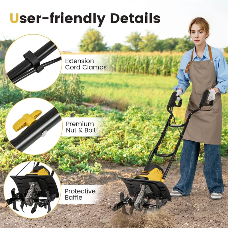14" 10 Amp Corded Electric Tiller Cultivator, Garden Rototiller with Foldable Handle, 9" Tilling Depth & Safety Lock for Lawn Soil Digging