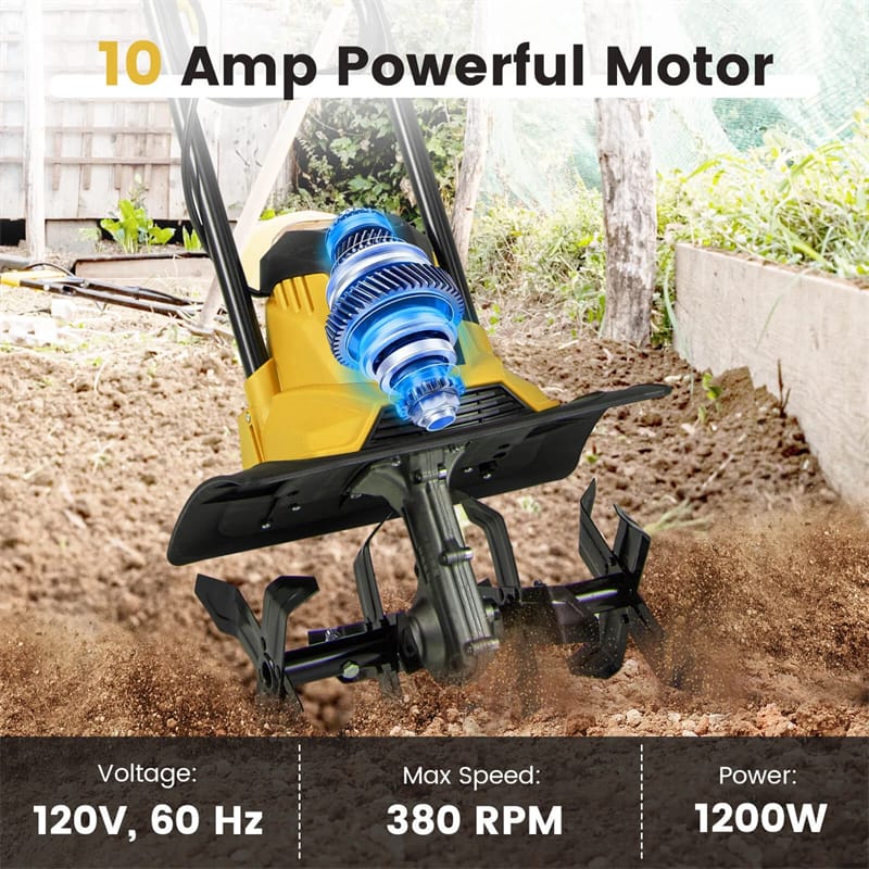 14" 10 Amp Corded Electric Tiller Cultivator, Garden Rototiller with Foldable Handle, 9" Tilling Depth & Safety Lock for Lawn Soil Digging