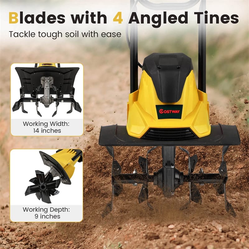 14" 10 Amp Corded Electric Tiller Cultivator, Garden Rototiller with Foldable Handle, 9" Tilling Depth & Safety Lock for Lawn Soil Digging