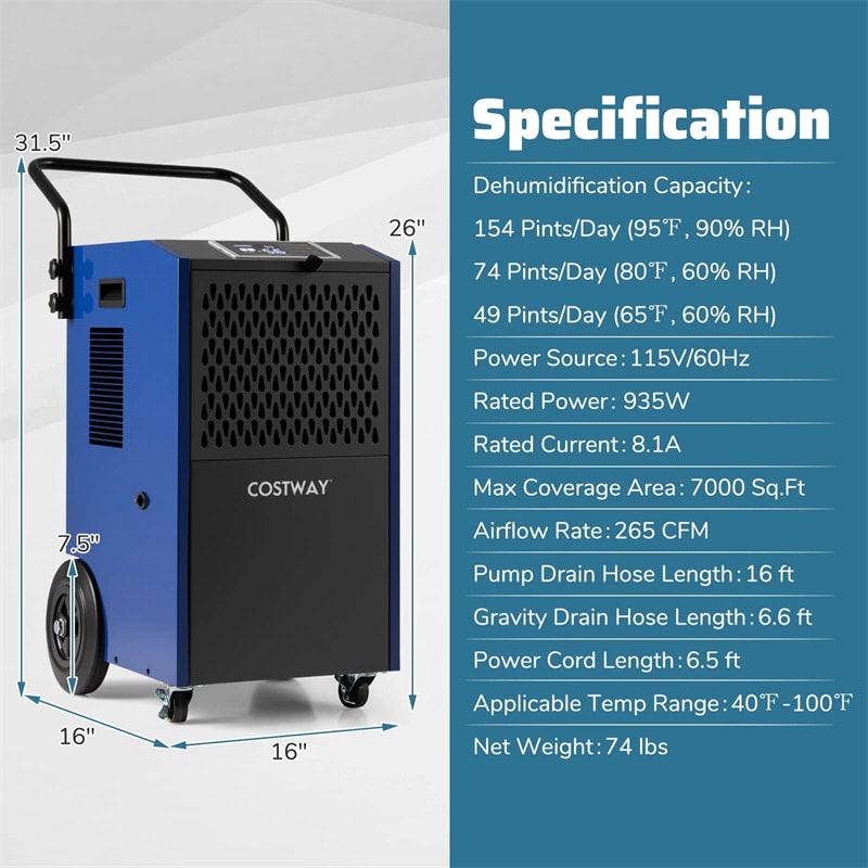154 Pints Commercial Dehumidifier with Pump & Drain Hose, Heavy Duty Portable Industrial for Home Basements Job Sites