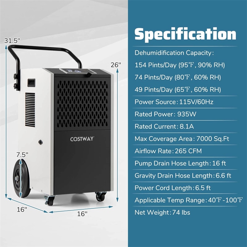 154 Pints Commercial Dehumidifier with Pump & Drain Hose, Heavy Duty Portable Industrial for Home Basements Job Sites