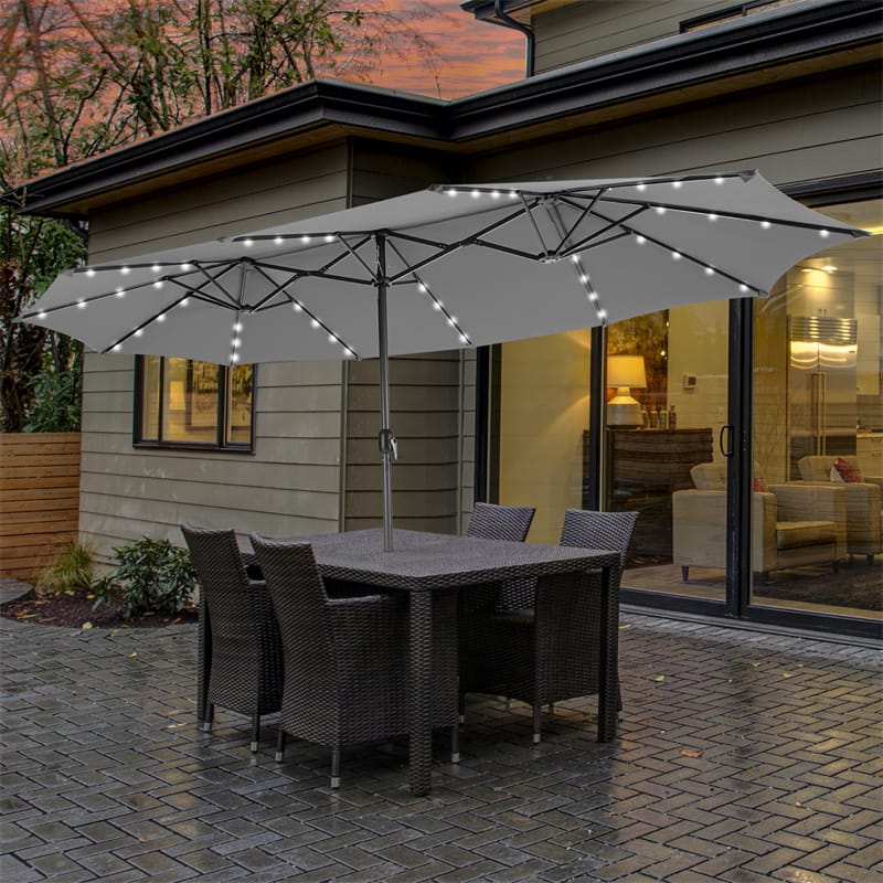 15FT Double-Sided Patio Umbrella with 48 Solar LED Lights & Crank, 12 Ribs Large Outdoor Market Umbrella for Poolside, Garden & Backyard