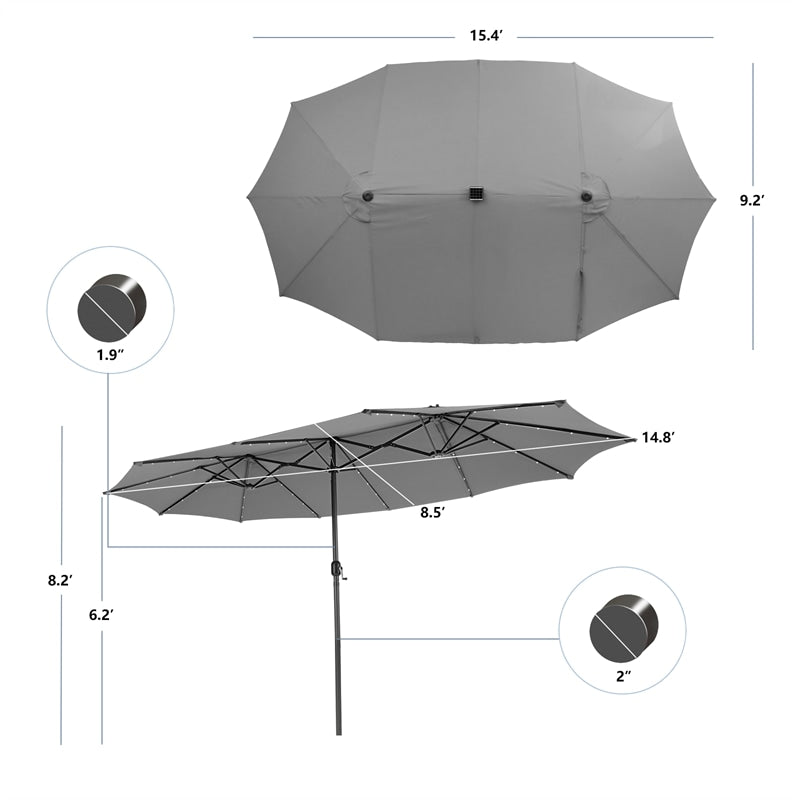 15FT Double-Sided Patio Umbrella with 48 Solar LED Lights & Crank, 12 Ribs Large Outdoor Market Umbrella for Poolside, Garden & Backyard