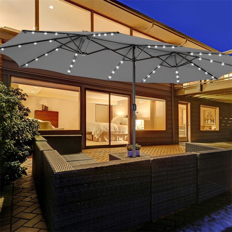 15FT Double-Sided Patio Umbrella with 48 Solar LED Lights & Crank, 12 Ribs Large Outdoor Market Umbrella for Poolside, Garden & Backyard