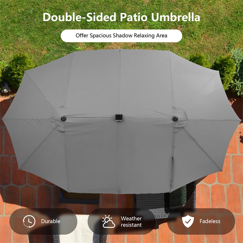 15FT Double-Sided Patio Umbrella with 48 Solar LED Lights & Crank, 12 Ribs Large Outdoor Market Umbrella for Poolside, Garden & Backyard
