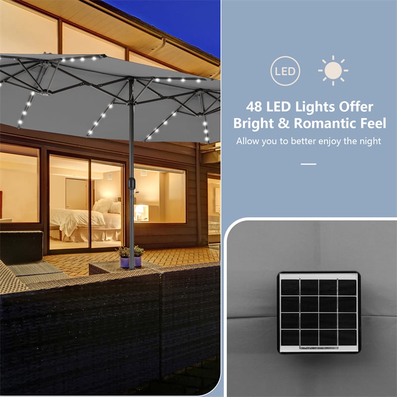 15FT Double-Sided Patio Umbrella with 48 Solar LED Lights & Crank, 12 Ribs Large Outdoor Market Umbrella for Poolside, Garden & Backyard