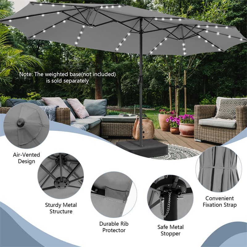 15FT Double-Sided Patio Umbrella with 48 Solar LED Lights & Crank, 12 Ribs Large Outdoor Market Umbrella for Poolside, Garden & Backyard