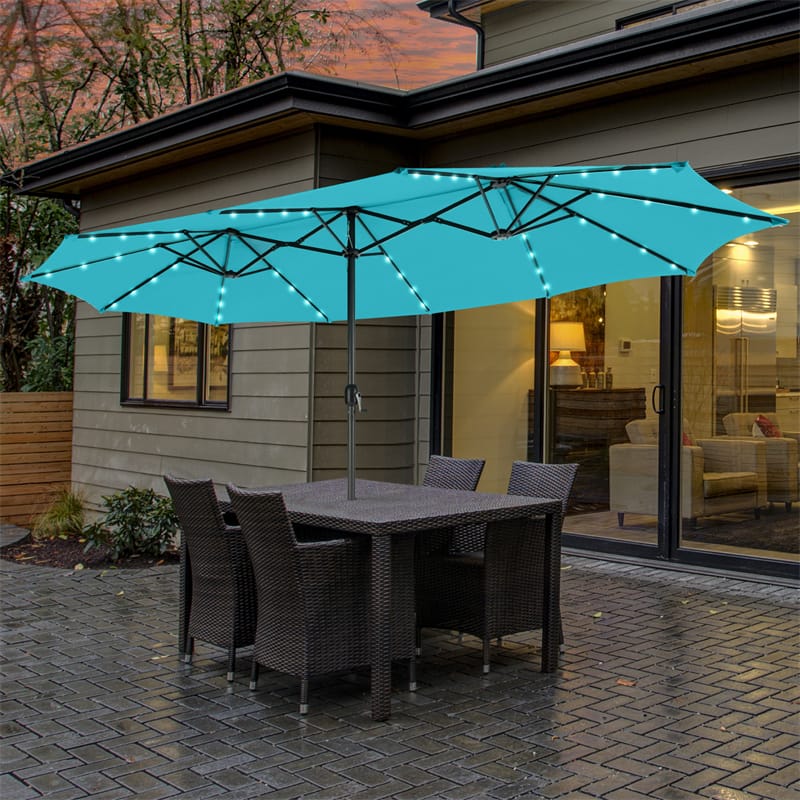15FT Double-Sided Patio Umbrella with 48 Solar LED Lights & Crank, 12 Ribs Large Outdoor Market Umbrella for Poolside, Garden & Backyard