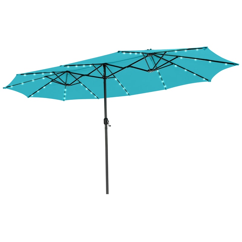 15FT Double-Sided Patio Umbrella with 48 Solar LED Lights & Crank, 12 Ribs Large Outdoor Market Umbrella for Poolside, Garden & Backyard