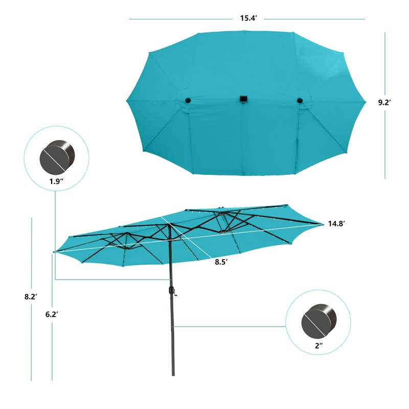 15FT Double-Sided Patio Umbrella with 48 Solar LED Lights & Crank, 12 Ribs Large Outdoor Market Umbrella for Poolside, Garden & Backyard
