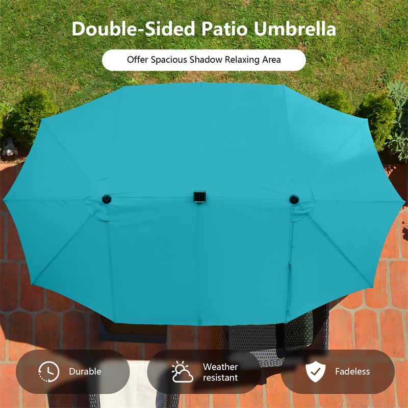 15FT Double-Sided Patio Umbrella with 48 Solar LED Lights & Crank, 12 Ribs Large Outdoor Market Umbrella for Poolside, Garden & Backyard