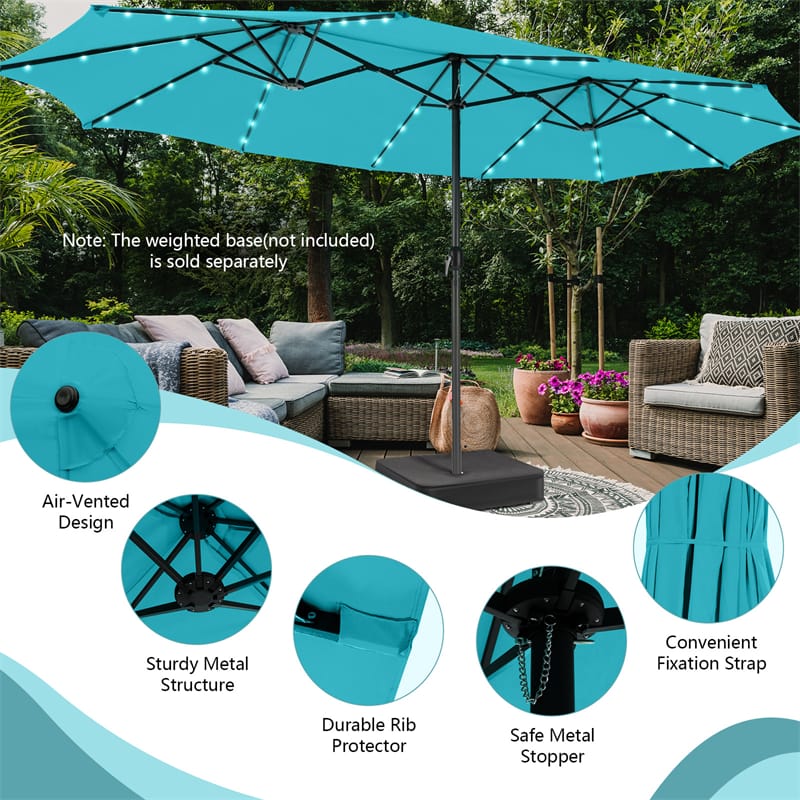 15FT Double-Sided Patio Umbrella with 48 Solar LED Lights & Crank, 12 Ribs Large Outdoor Market Umbrella for Poolside, Garden & Backyard