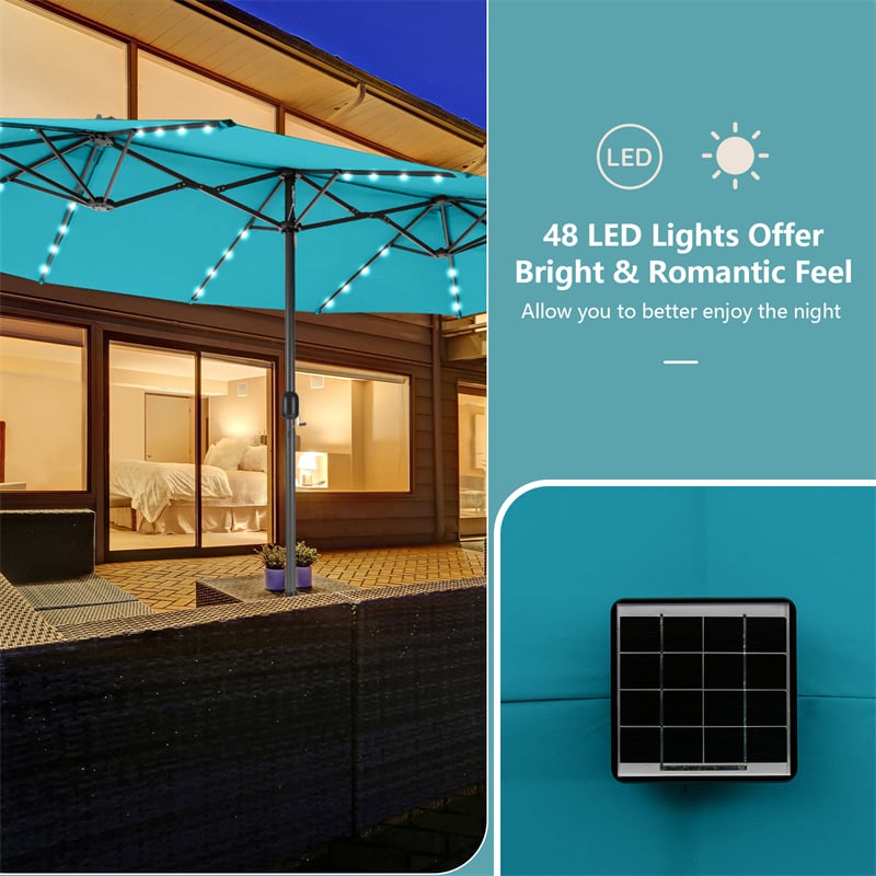 15FT Double-Sided Patio Umbrella with 48 Solar LED Lights & Crank, 12 Ribs Large Outdoor Market Umbrella for Poolside, Garden & Backyard