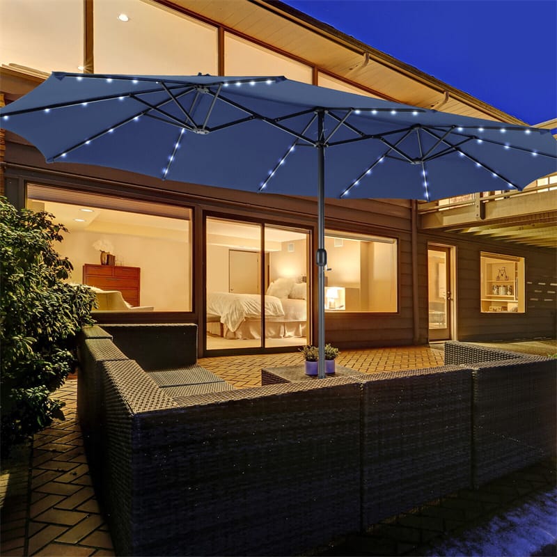 15FT Double-Sided Patio Umbrella with 48 Solar LED Lights & Crank, 12 Ribs Large Outdoor Market Umbrella for Poolside, Garden & Backyard