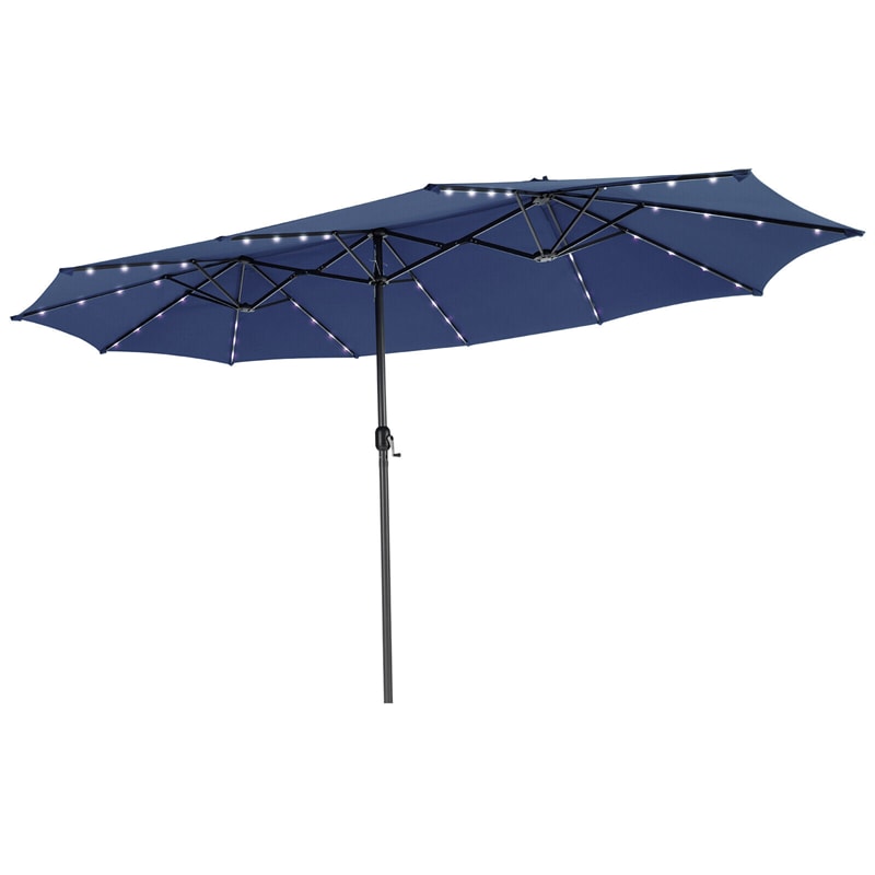15FT Double-Sided Patio Umbrella with 48 Solar LED Lights & Crank, 12 Ribs Large Outdoor Market Umbrella for Poolside, Garden & Backyard