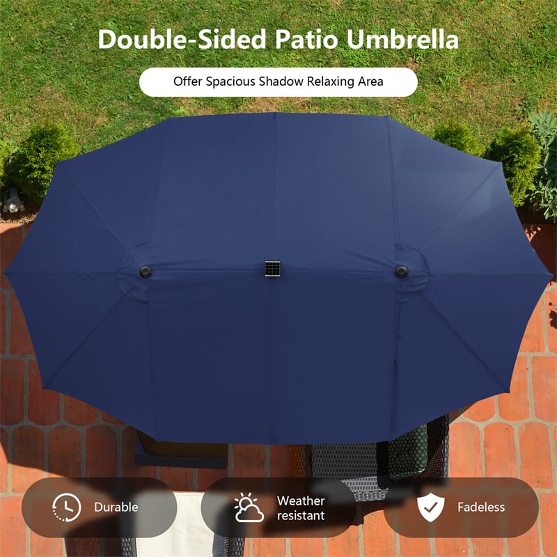 15FT Double-Sided Patio Umbrella with 48 Solar LED Lights & Crank, 12 Ribs Large Outdoor Market Umbrella for Poolside, Garden & Backyard