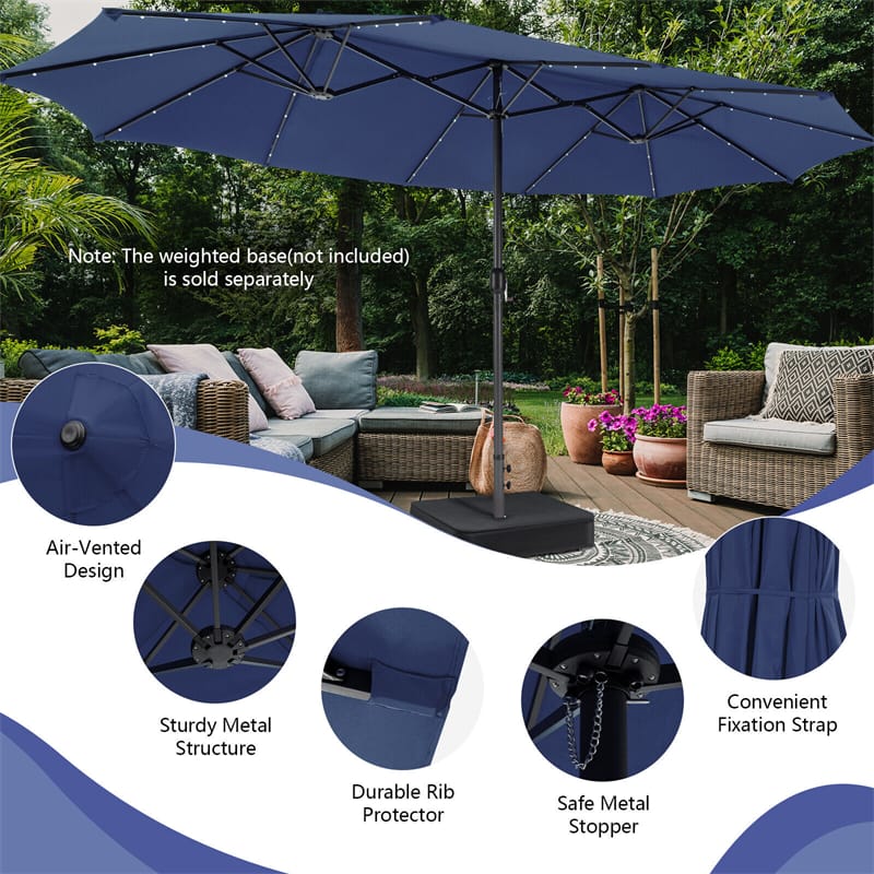 15FT Double-Sided Patio Umbrella with 48 Solar LED Lights & Crank, 12 Ribs Large Outdoor Market Umbrella for Poolside, Garden & Backyard