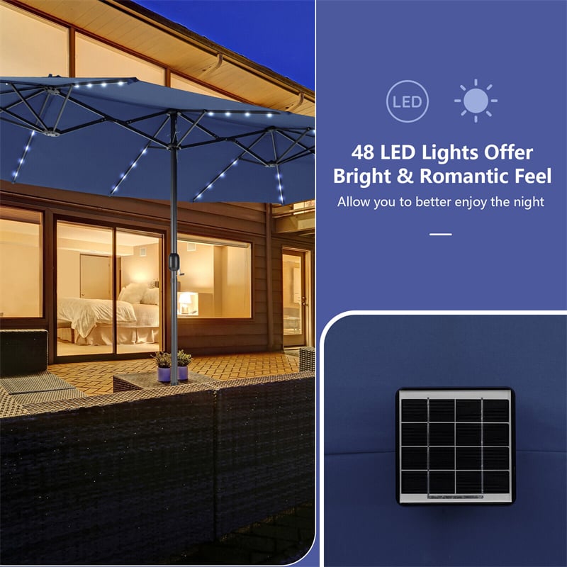 15FT Double-Sided Patio Umbrella with 48 Solar LED Lights & Crank, 12 Ribs Large Outdoor Market Umbrella for Poolside, Garden & Backyard