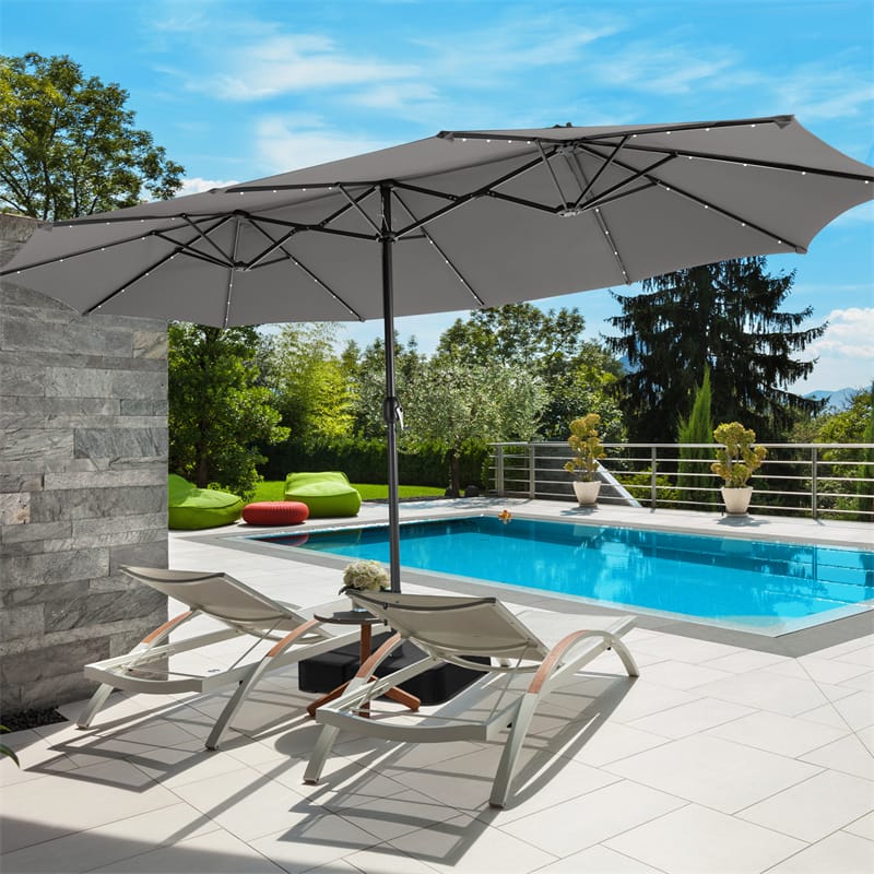 15 FT Double-Sided Patio Umbrella with 48 Solar Lights, Extra-Large Outdoor Twin Market Umbrella with Base