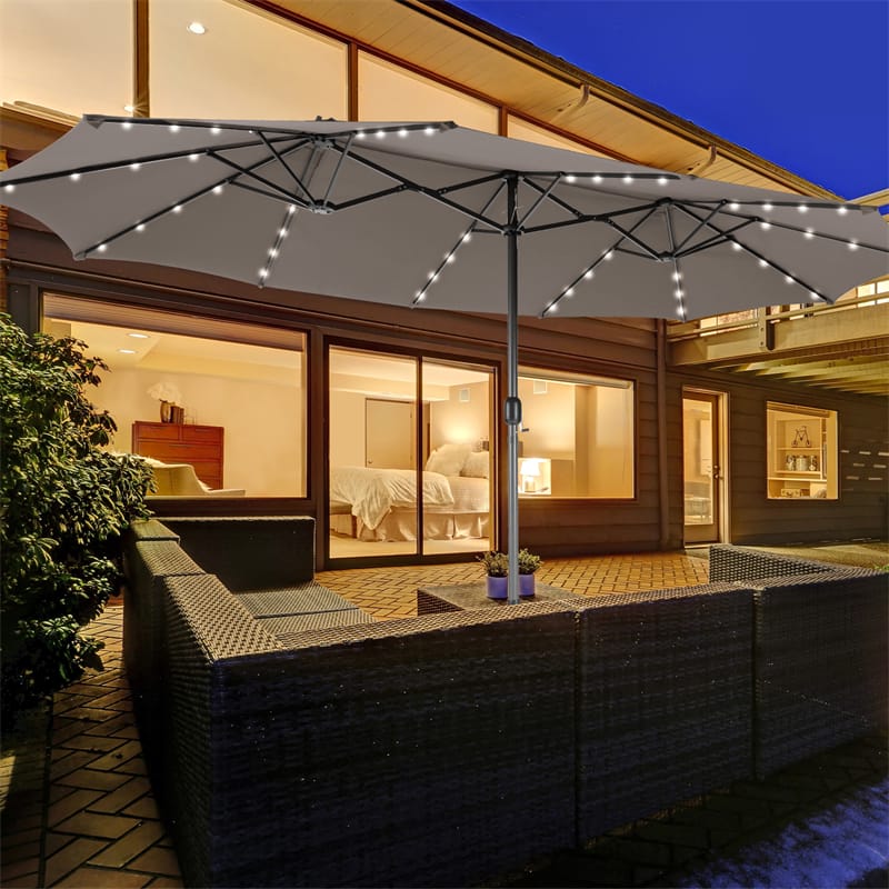 15 FT Double-Sided Patio Umbrella with 48 Solar Lights, Extra-Large Outdoor Twin Market Umbrella with Base