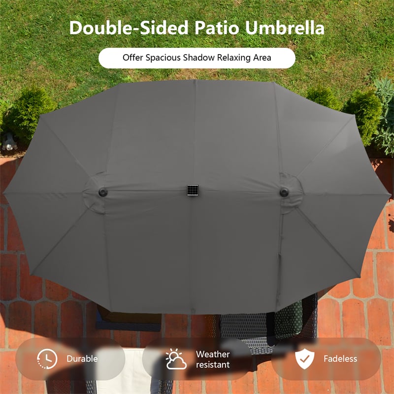 15 FT Double-Sided Patio Umbrella with 48 Solar Lights, Extra-Large Outdoor Twin Market Umbrella with Base