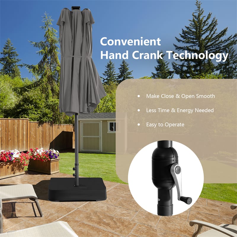 15 FT Double-Sided Patio Umbrella with 48 Solar Lights, Extra-Large Outdoor Twin Market Umbrella with Base