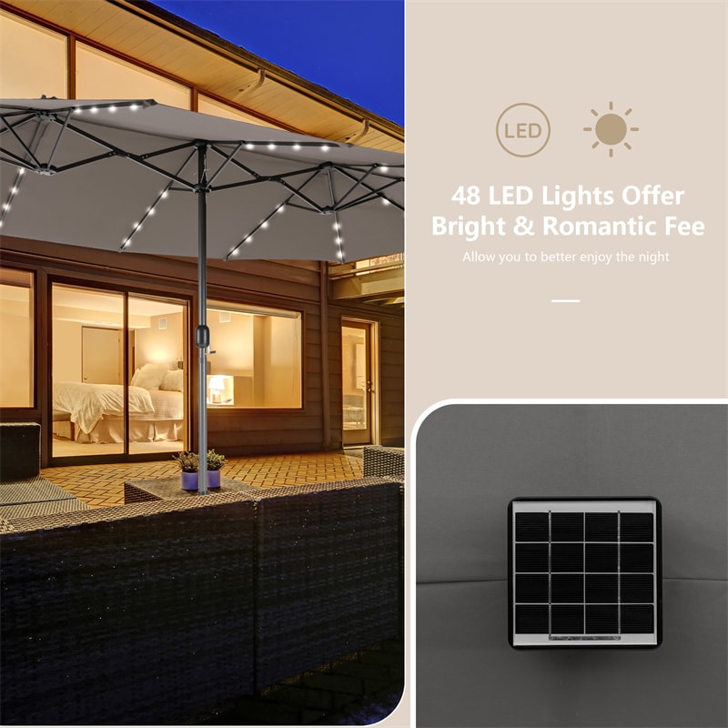 15 FT Double-Sided Patio Umbrella with 48 Solar Lights, Extra-Large Outdoor Twin Market Umbrella with Base