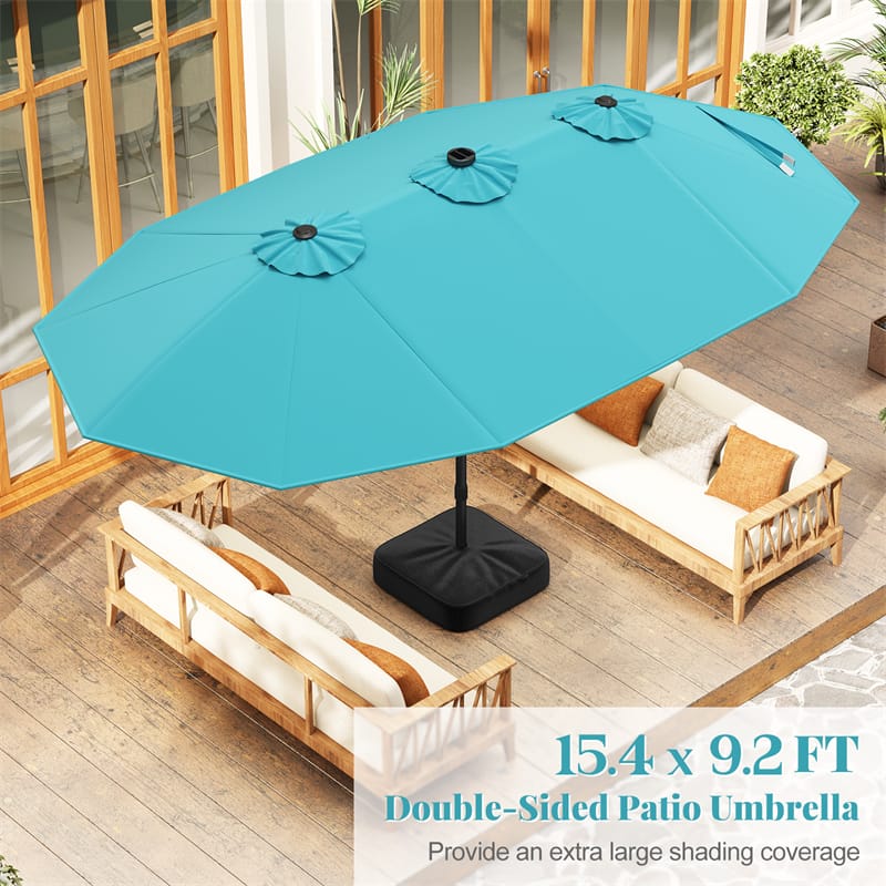 15 FT Double-Sided Patio Umbrella with 48 Solar Lights, Extra-Large Outdoor Twin Market Umbrella with Base