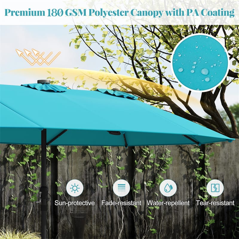15 FT Double-Sided Patio Umbrella with 48 Solar Lights, Extra-Large Outdoor Twin Market Umbrella with Base