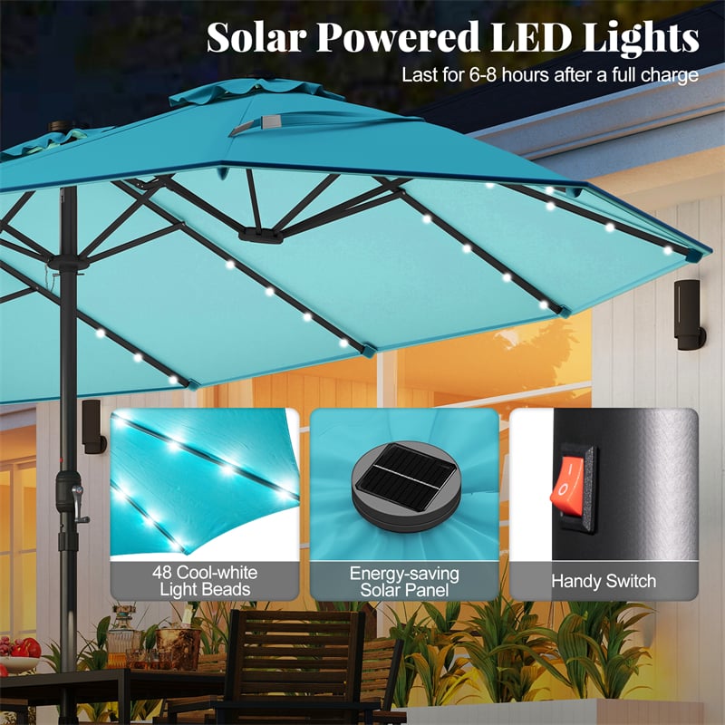 15 FT Double-Sided Patio Umbrella with 48 Solar Lights, Extra-Large Outdoor Twin Market Umbrella with Base