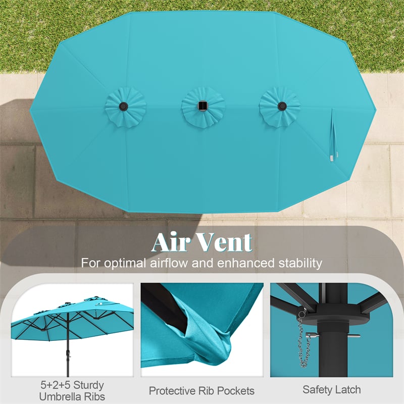 15 FT Double-Sided Patio Umbrella with 48 Solar Lights, Extra-Large Outdoor Twin Market Umbrella with Base